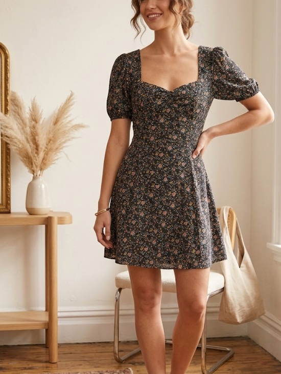 French Connection Dresses & Skirts - NWT  French Connection Black Floral Square-Neck Puff Sleeve Mini Dress